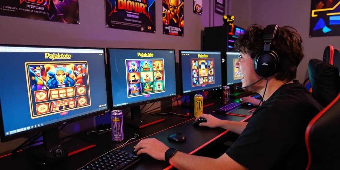 Excited gamer using pajaktoto login to play online slot games in vibrant gaming setup.