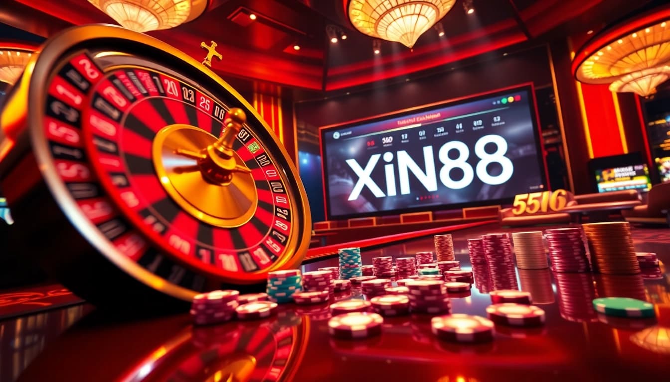 Exciting casino scene featuring Xin88 with roulette wheel and vibrant poker chips.