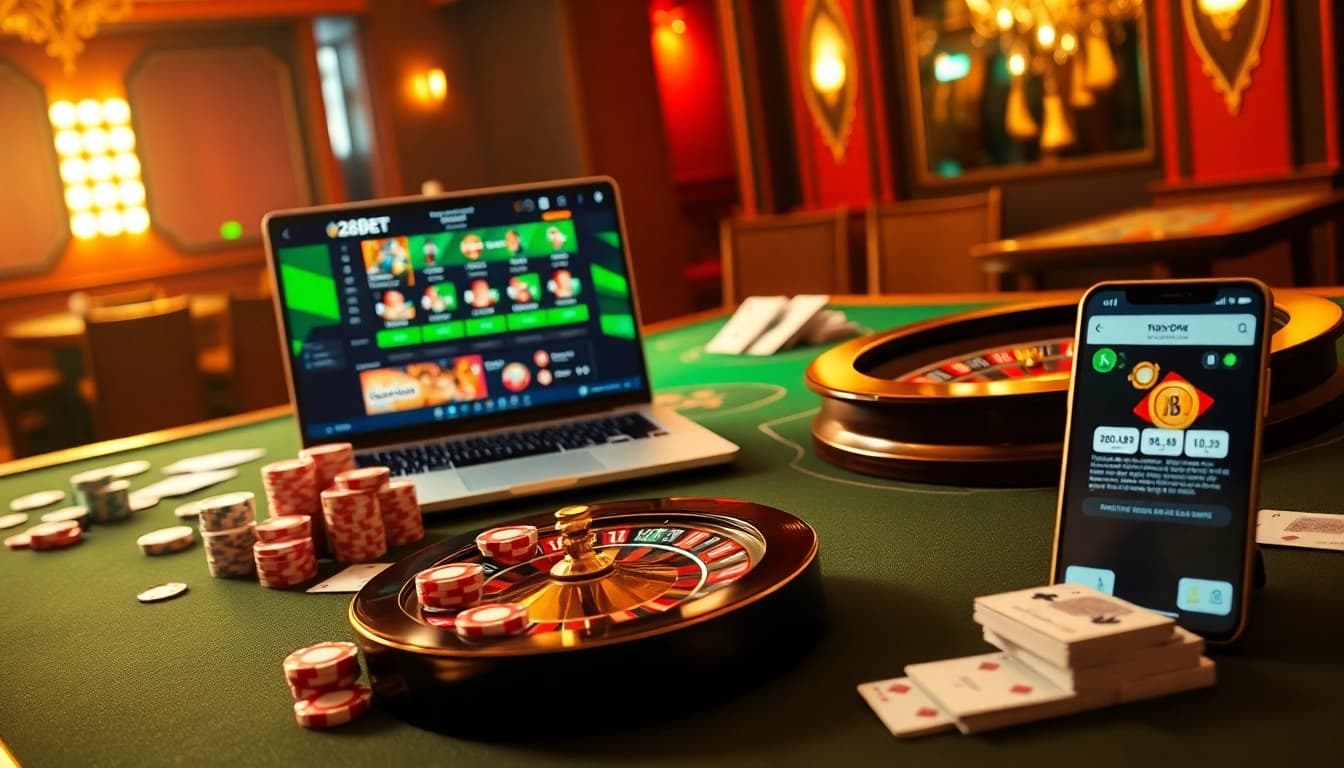 Engaging scene showcasing khuyến mãi 28bet excitement with casino games and betting props.