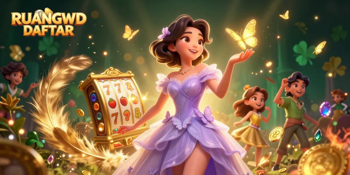 Engage in thrilling gameplay with RUANGWD DAFTAR featuring vibrant slot reels surrounded by golden butterflies.