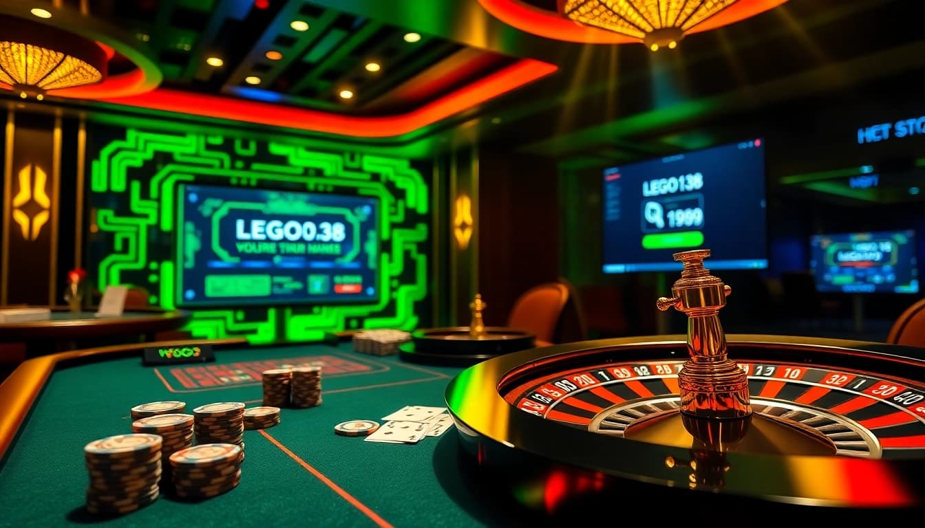 A vibrant casino scene featuring the LEGO138 login page, poker chips, and a roulette wheel in an exciting atmosphere.