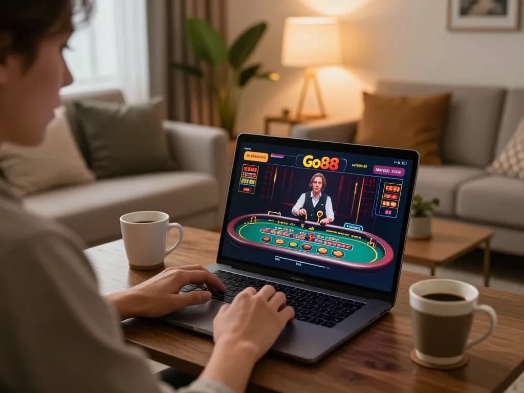 Player enjoying Go88 online casino gameplay on a laptop in a cozy living room.