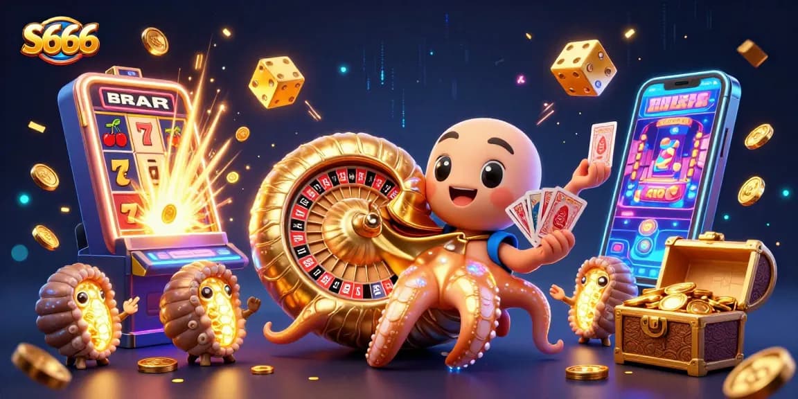 S666's thrilling 3D casino scene showcases a nautilus roulette wheel, slot machine, and vibrant game elements.