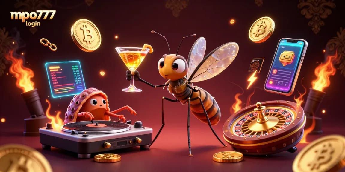 Access the mpo777 login with a vibrant casino scene featuring unique characters and crypto elements.