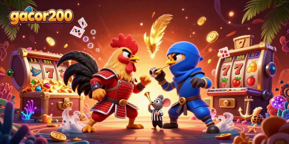 Engage in thrilling gameplay with gacor200, featuring dynamic fighting roosters in a vibrant casino scene.