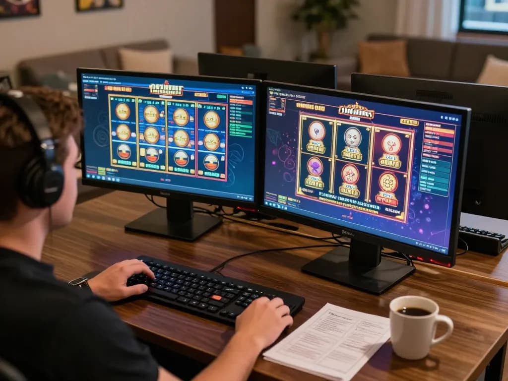Player engaging with exciting online games using cm88seo on dual monitors for an immersive experience