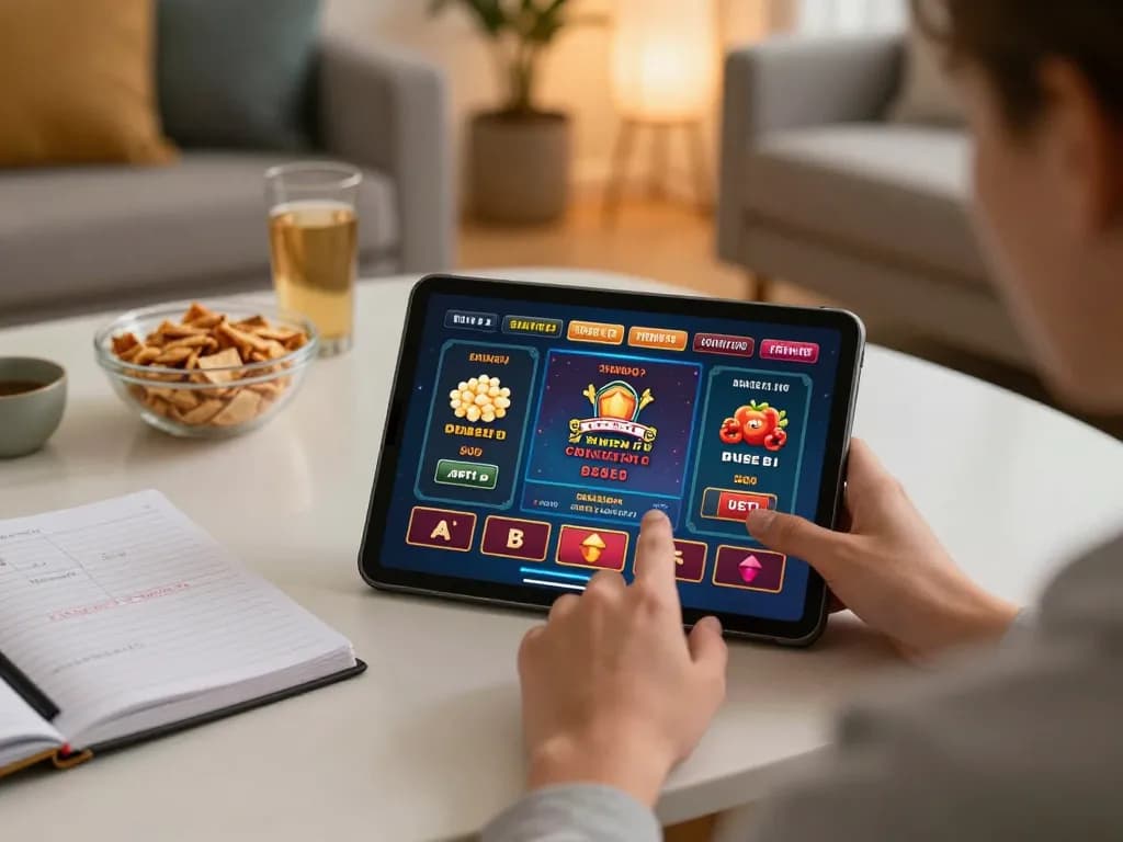 Engaged player enjoying kuwinfi casino app on tablet in a cozy living room setting.