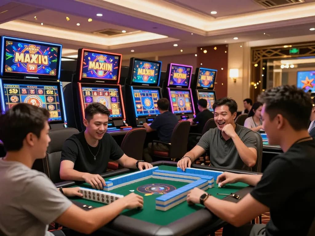 Excited players celebrating big wins at situs gacor online Mahjong slot games with vibrant graphics.