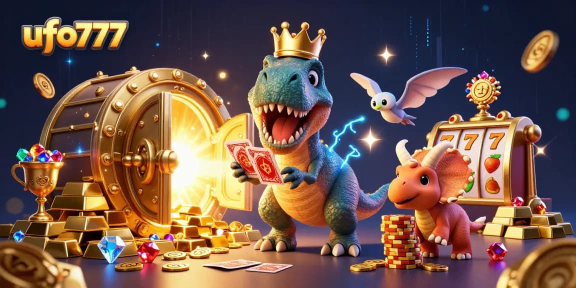 Engage in exciting gaming at ufo777 with a dynamic scene of colorful characters and casino elements.