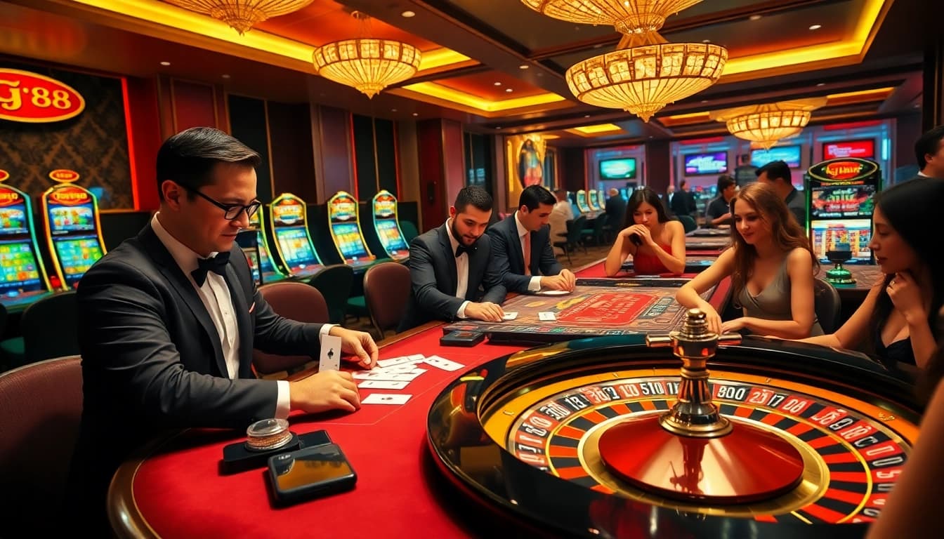 Players enjoy thrilling casino games at PG88 with engaging poker tables and roulette wheels.