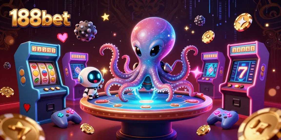 Engage with exciting 188bet gaming action featuring a fun alien octopus and vibrant casino elements.