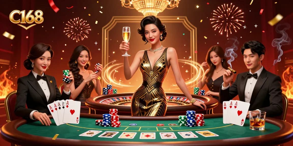C168 showcases a glamorous Asian woman celebrating at a casino with poker chips and a roulette table.
