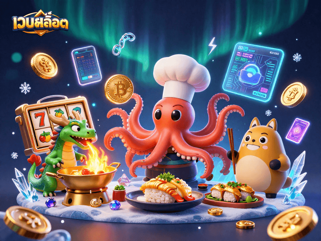 Win big at เว็บสล็อต with vibrant slot games and golden dishes prepared by a sushi chef octopus.