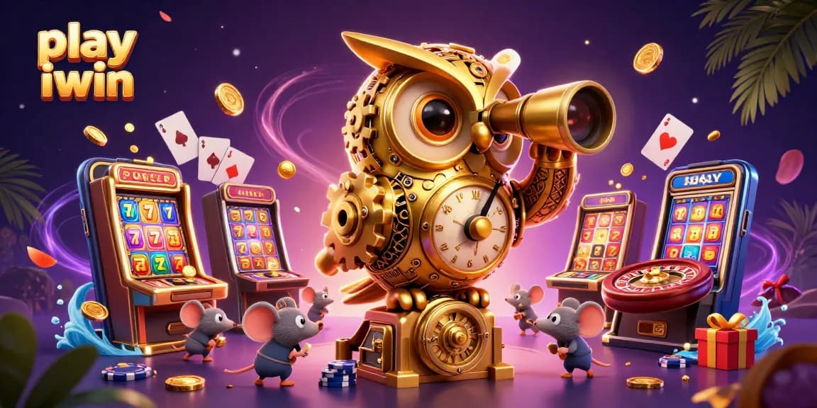 Play iwin now with a vibrant casino scene showcasing an animated owl and lively gaming elements.