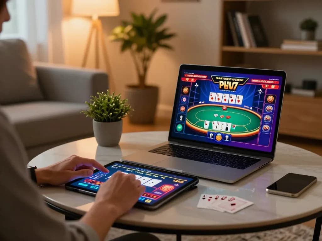 Engaging in online gaming at MM88 TODAY with a tablet, displaying poker strategy and cozy ambiance.