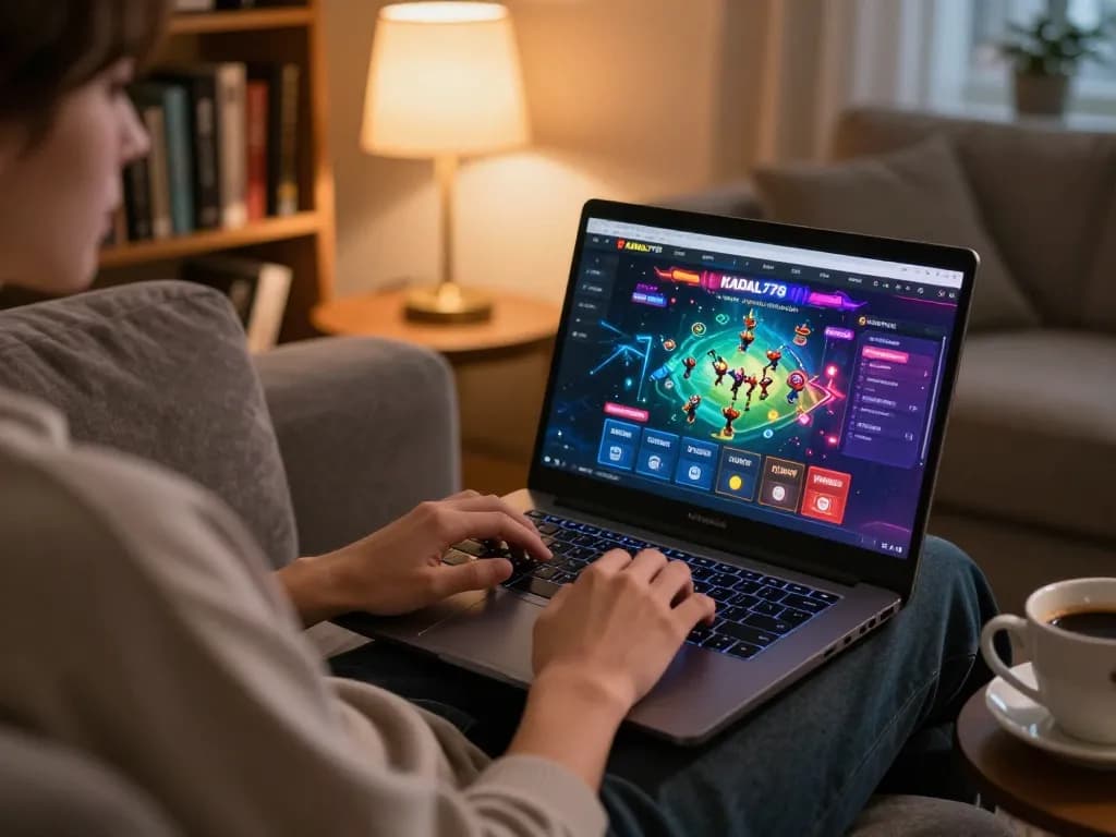 KADAL778 gaming enthusiast using a laptop for interactive gameplay in a cozy home setting