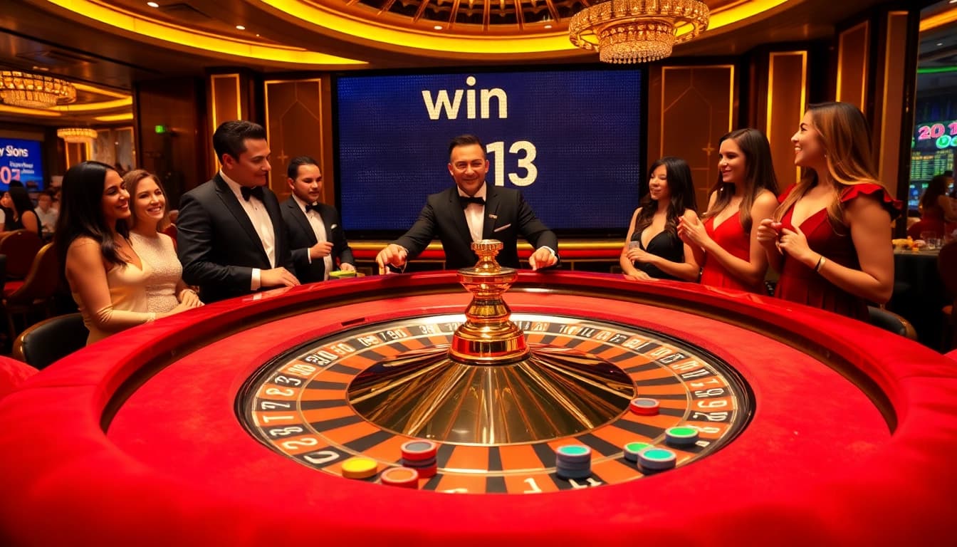 Capture the excitement of players eagerly betting on win 13 at a luxurious roulette table in a vibrant casino scene.