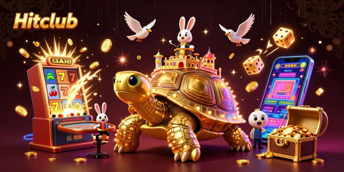 Hitclub casino illustration showcasing a golden tortoise with a mini casino on its shell surrounded by vibrant game elements.