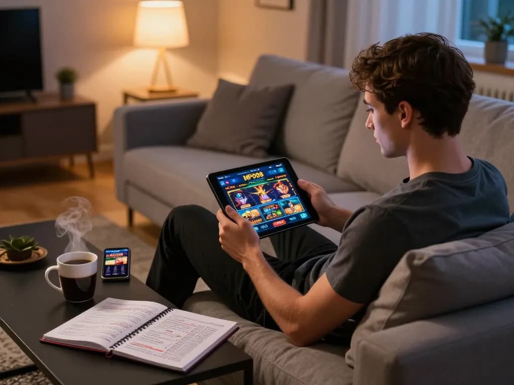 MPO08 online casino gaming on a tablet with betting strategies laid out, creating a cozy home atmosphere.