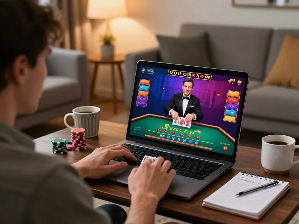 Engaged player at home enjoying live casino games on TR88 trang chủ, showcasing interactive betting.