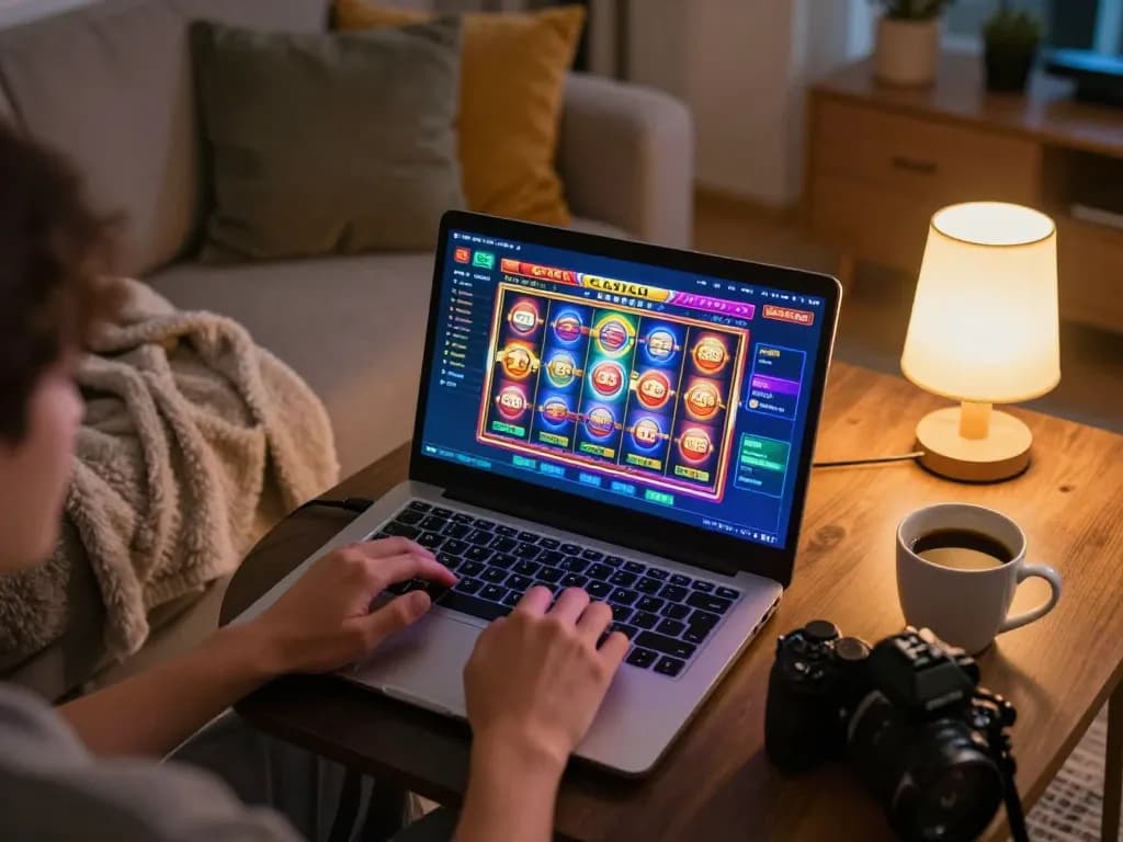 Trải nghiệm chơi game hấp dẫn trên máy slot Go88 trong không gian ấm cúng với ánh sáng ấm áp.