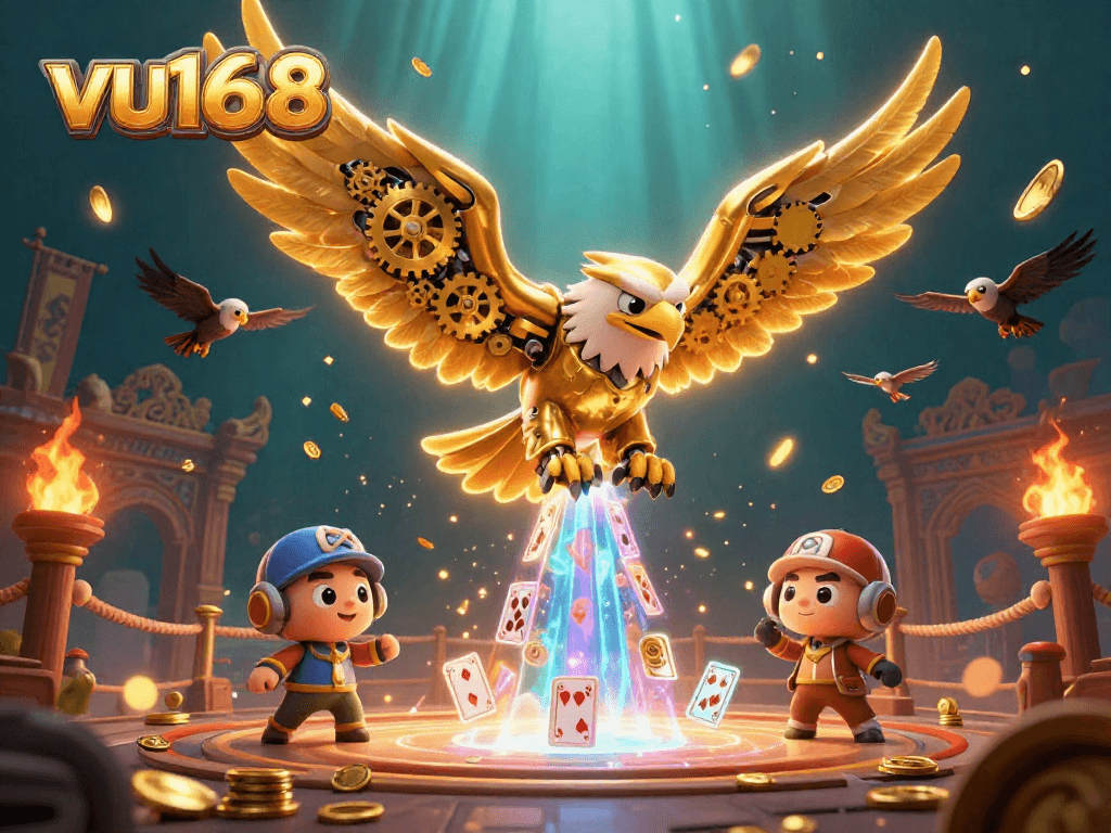 Experience the thrill of betting with vu168, featuring a dynamic scene of a cybernetic eagle amidst casino elements.