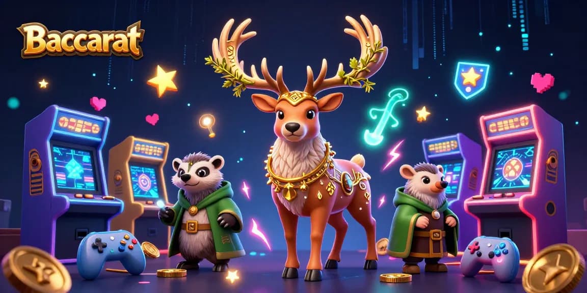 Baccarat game scene featuring a Celtic stag and wise badger surrounded by vibrant casino elements.