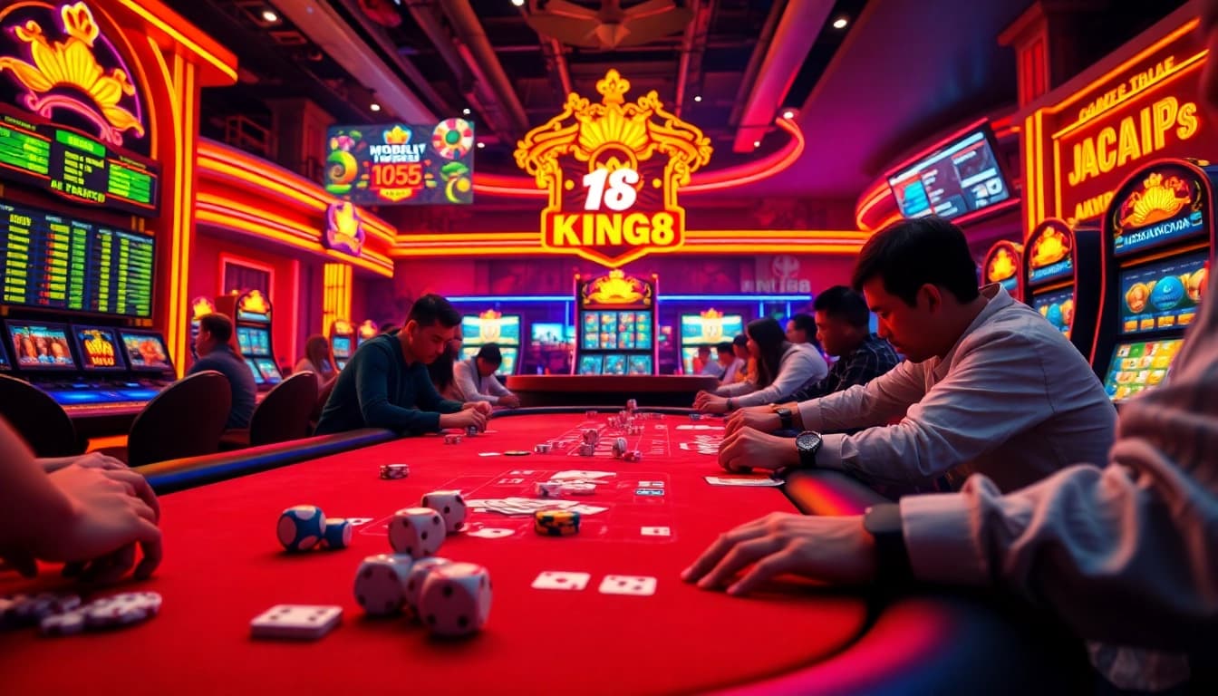 Exciting casino atmosphere featuring king88 gaming experience with vibrant lights and players.