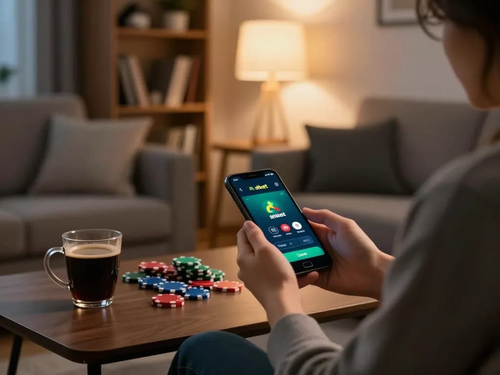 Engaging in online gambling using the link vào shbet on a smartphone, complete with casino app interface and cozy ambiance.