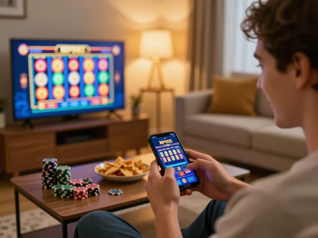 MPO08 player enjoying exciting slot games on a smartphone in a cozy living room setting.