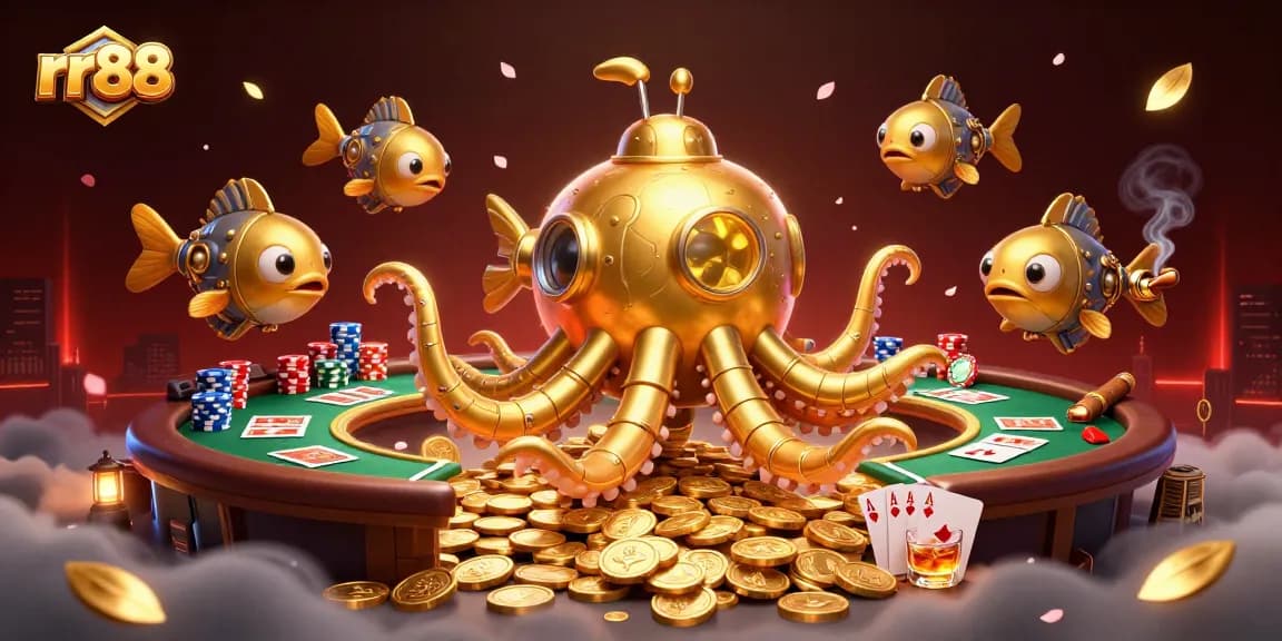 Experience thrilling gameplay with rr88, featuring a golden kraken submarine amidst poker action and gold coins.