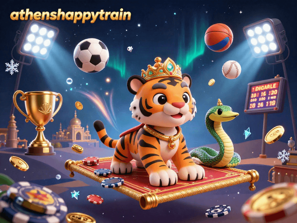 Engage with athenshappytrain's vibrant 3D casino scene featuring sports elements and characters in action.
