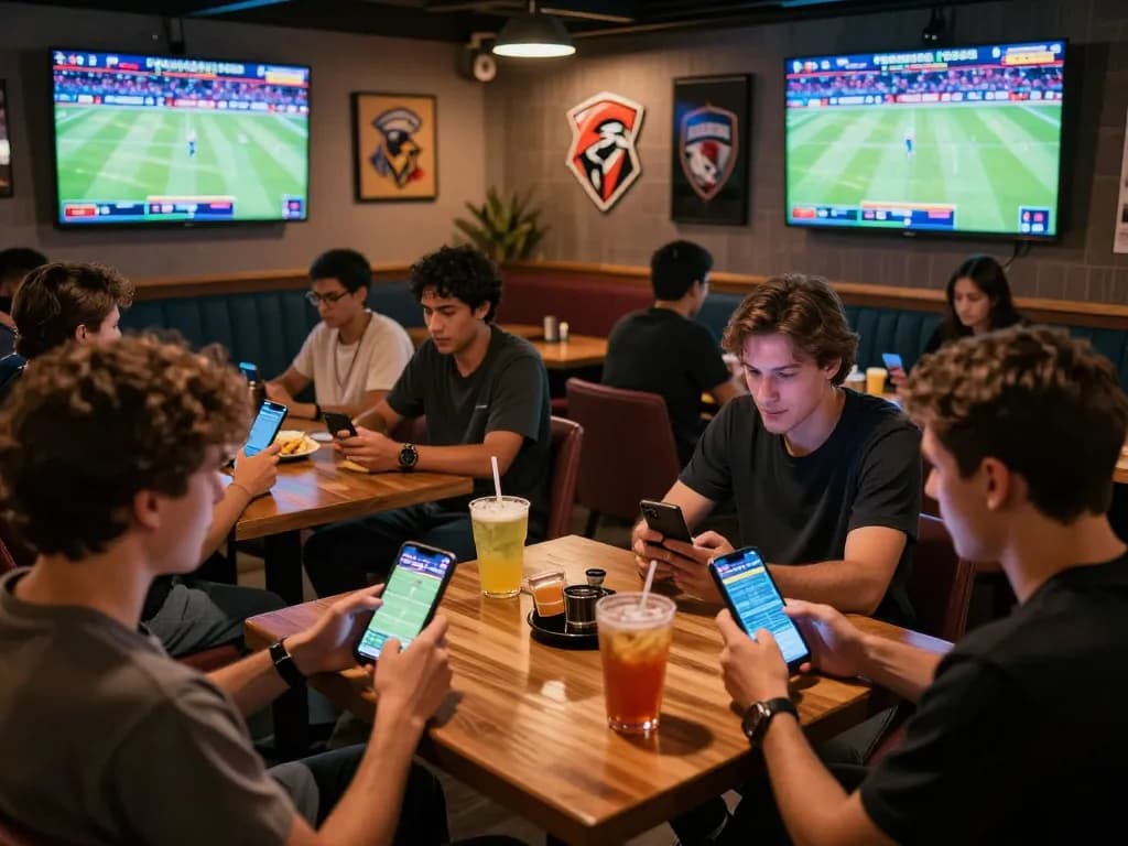 SBOBET users engaged in sports betting excitement, analyzing odds on mobile devices in a vibrant lounge atmosphere.