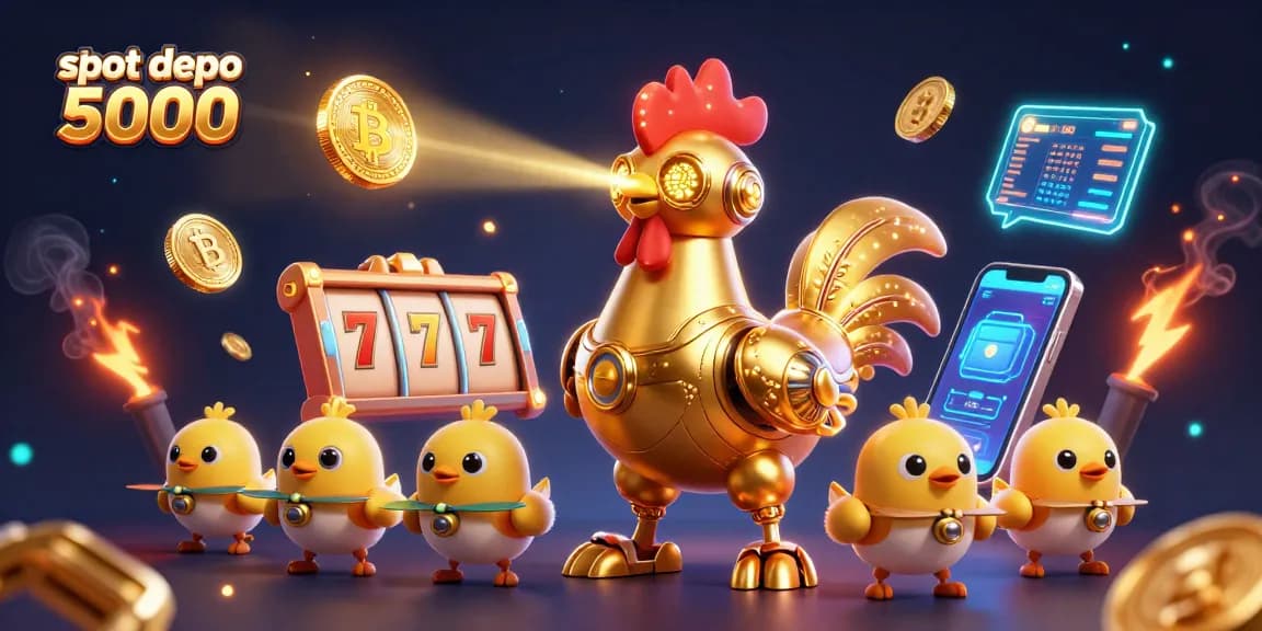 Engage with the thrilling slot depo 5000 scene featuring a dazzling golden rooster robot and vibrant crypto elements.