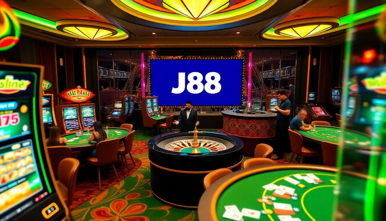 J88 logo featured in a vibrant casino scene with poker tables and excitement.