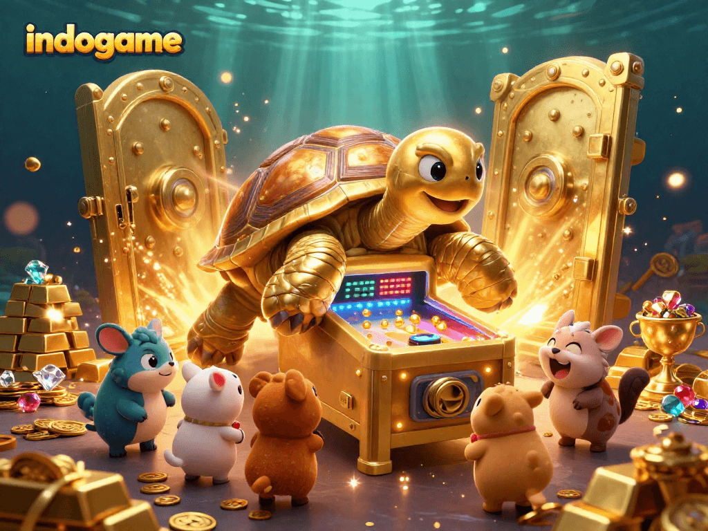 Engage with indogame's vibrant 3D casino scene showcasing a playful tortoise pinball machine.