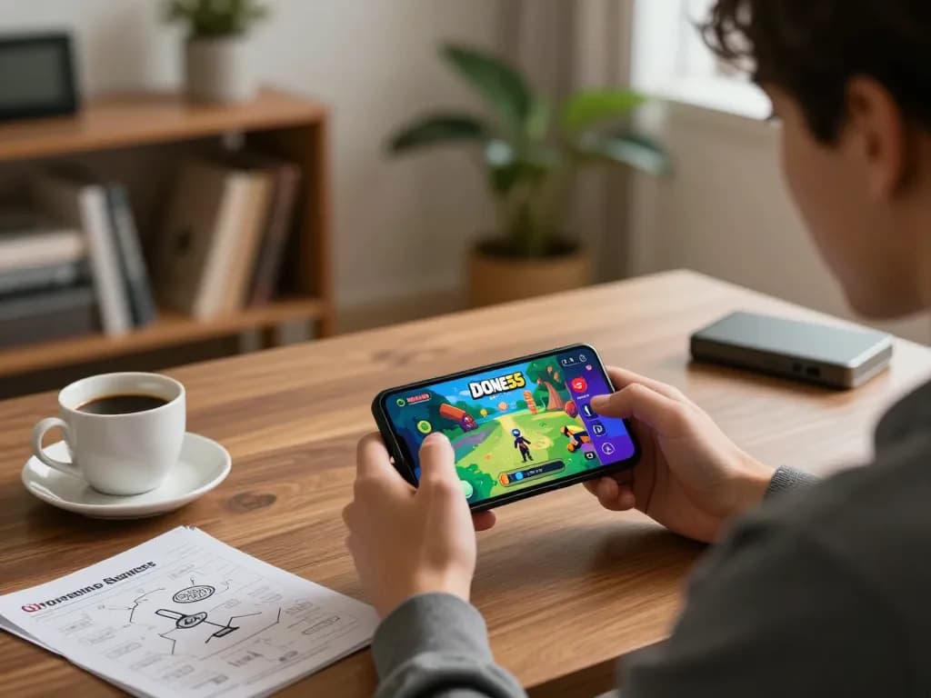 Player engaging with the Done55 app on a smartphone while enjoying a cozy home environment.