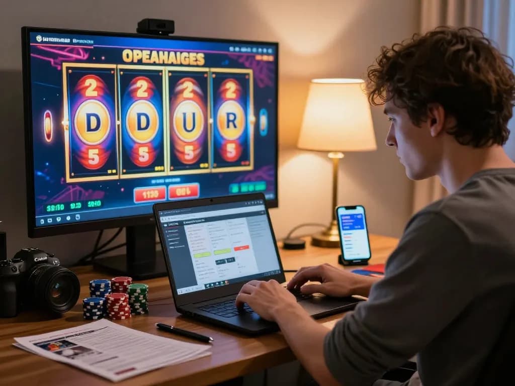 Pemain menikmati permainan slot di platform permainan aman788 dengan tampilan berwarna-warni dan catatan strategi.