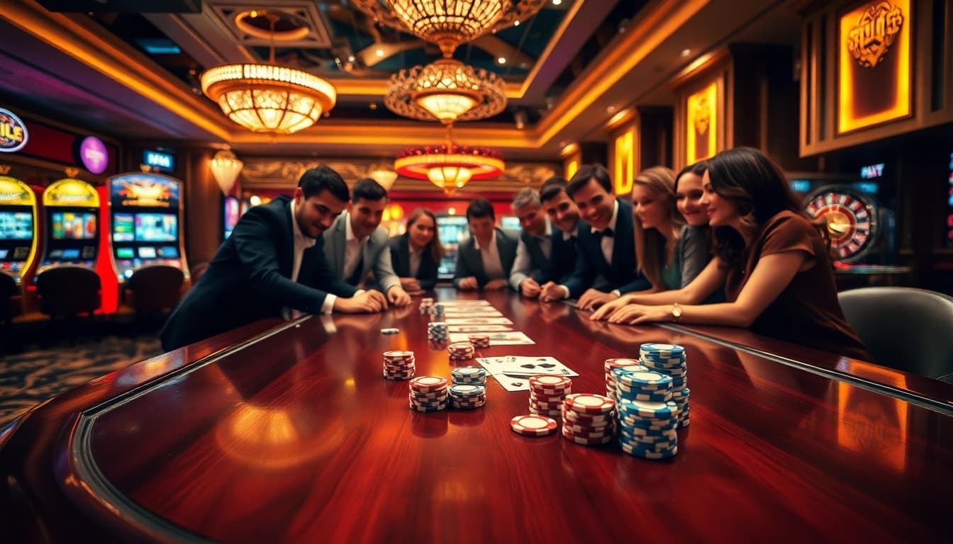 Gambling enthusiasts enjoying a poker game at a luxurious casino table at bdtk66 my, captured in an exciting atmosphere.
