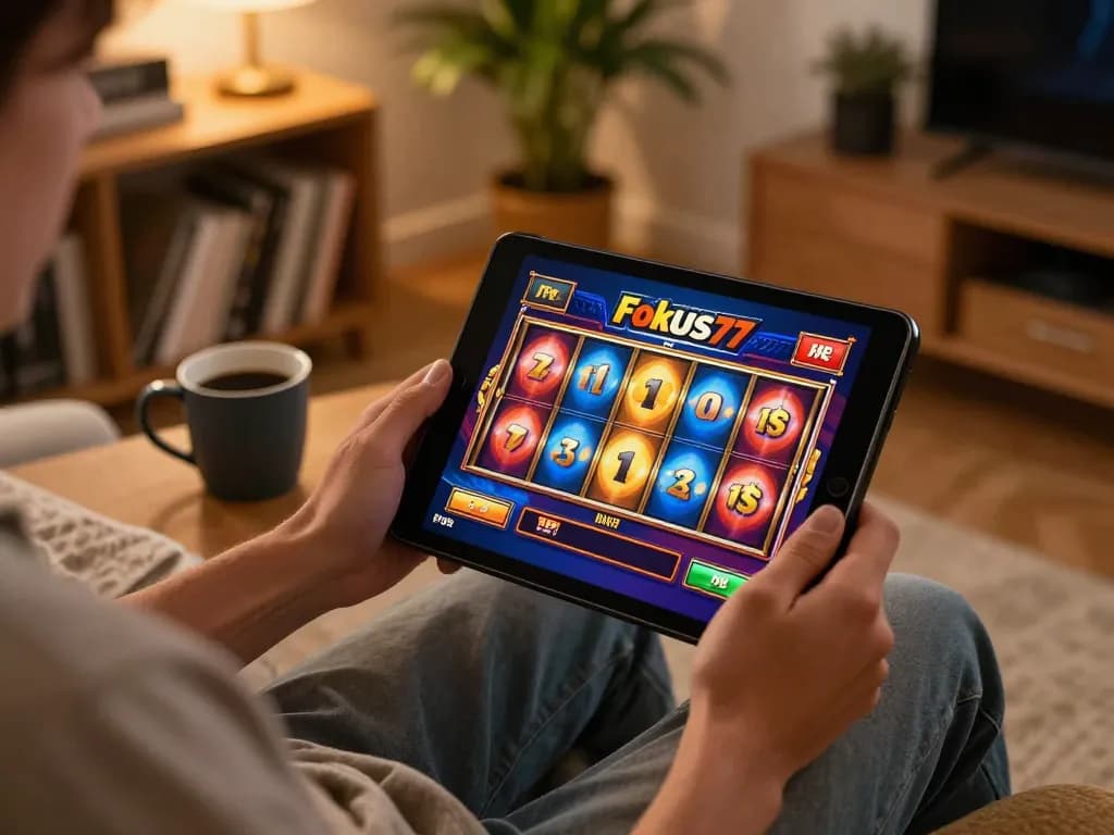 Engaging gaming moment on Fokus77 platform with a tablet showcasing colorful slot reels.