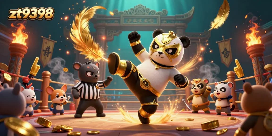 Engage with zt9398's dynamic casino experience featuring a panda wrestler amidst vibrant gaming elements.