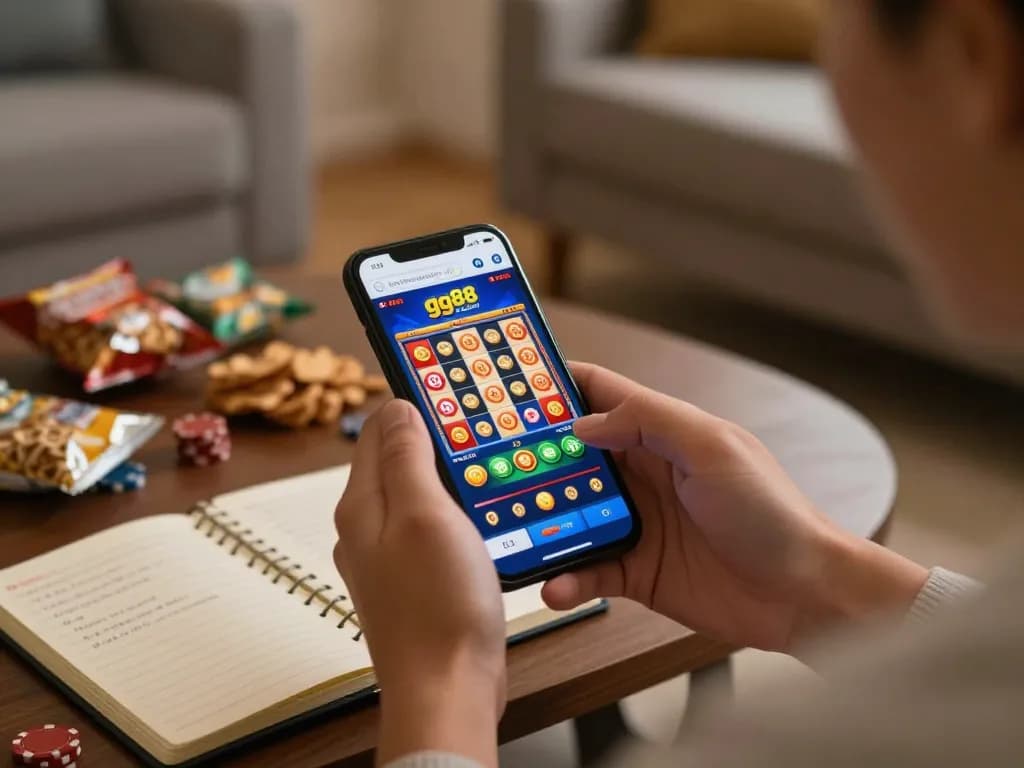 Playing slots on gg88 com app during evening with phone and strategy notes on table