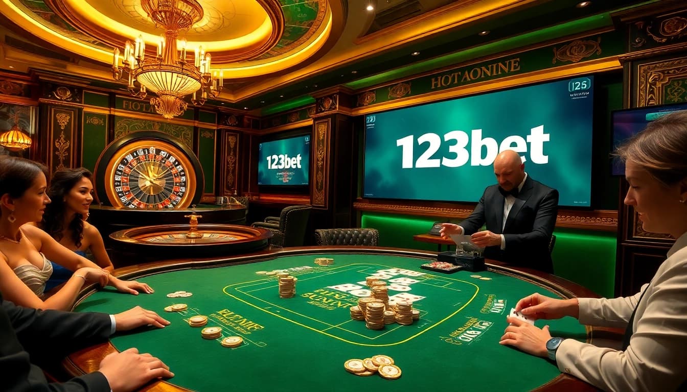 Experience high-stakes poker at 123bet's luxurious casino tables with vibrant colors.