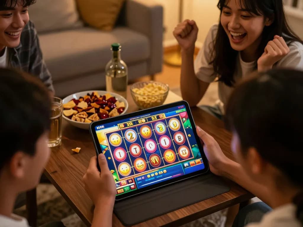 Engaging friends enjoying situs slot games on a cozy tablet setup at home