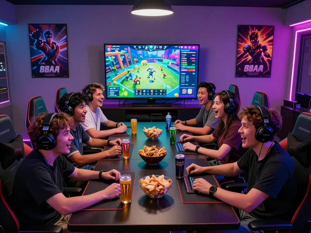 Exciting friends enjoying a vibrant 88AA game session in a colorful gaming setup.