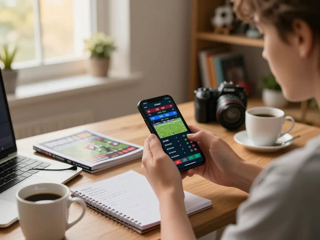 Engaged sports betting analysis on a smartphone app showcasing kèo nhà cái for upcoming matches while sitting in a stylish home office.
