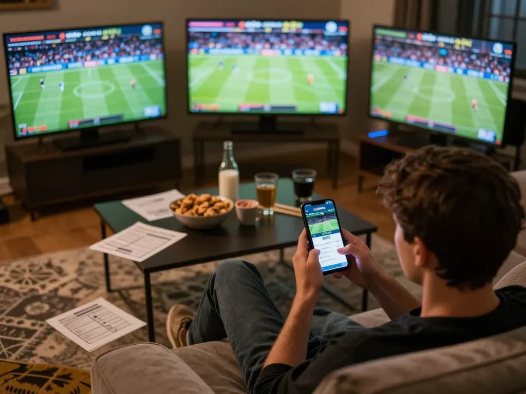 Engaged user strategizing sports bets through cakhia tv mobile app in a cozy home setting