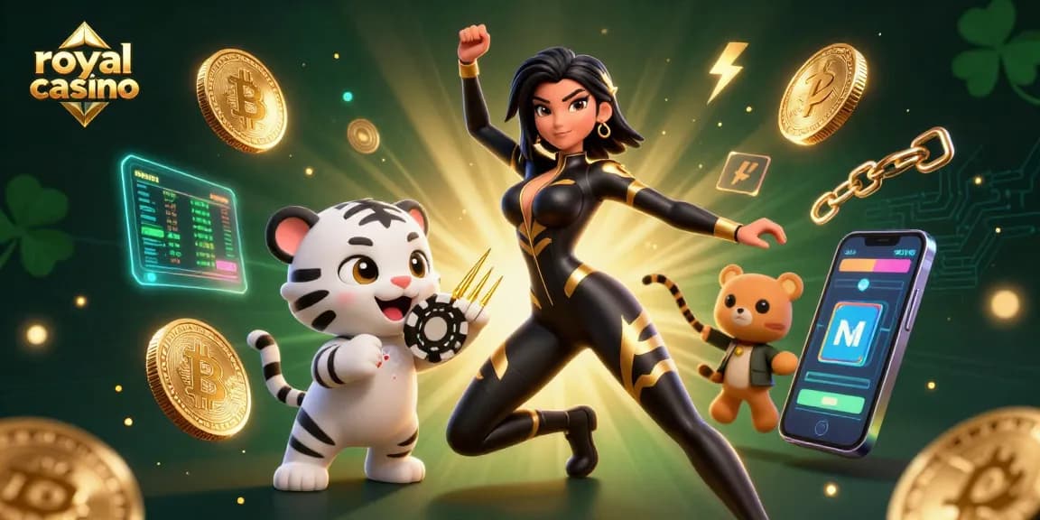 Experience thrilling gameplay in the royal casino with a vibrant 3D illustration of a woman, tiger, and crypto elements.