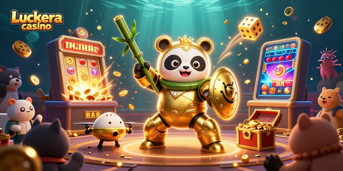 Luckera casino's vibrant 3D illustration showcasing dynamic gaming elements and characters in action.