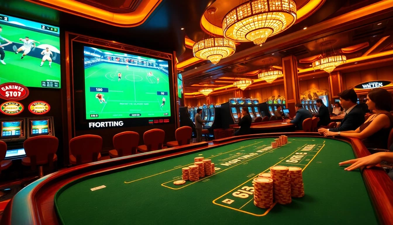 Soi kèo bóng đá betting scene with vibrant casino tables and excited bettors.